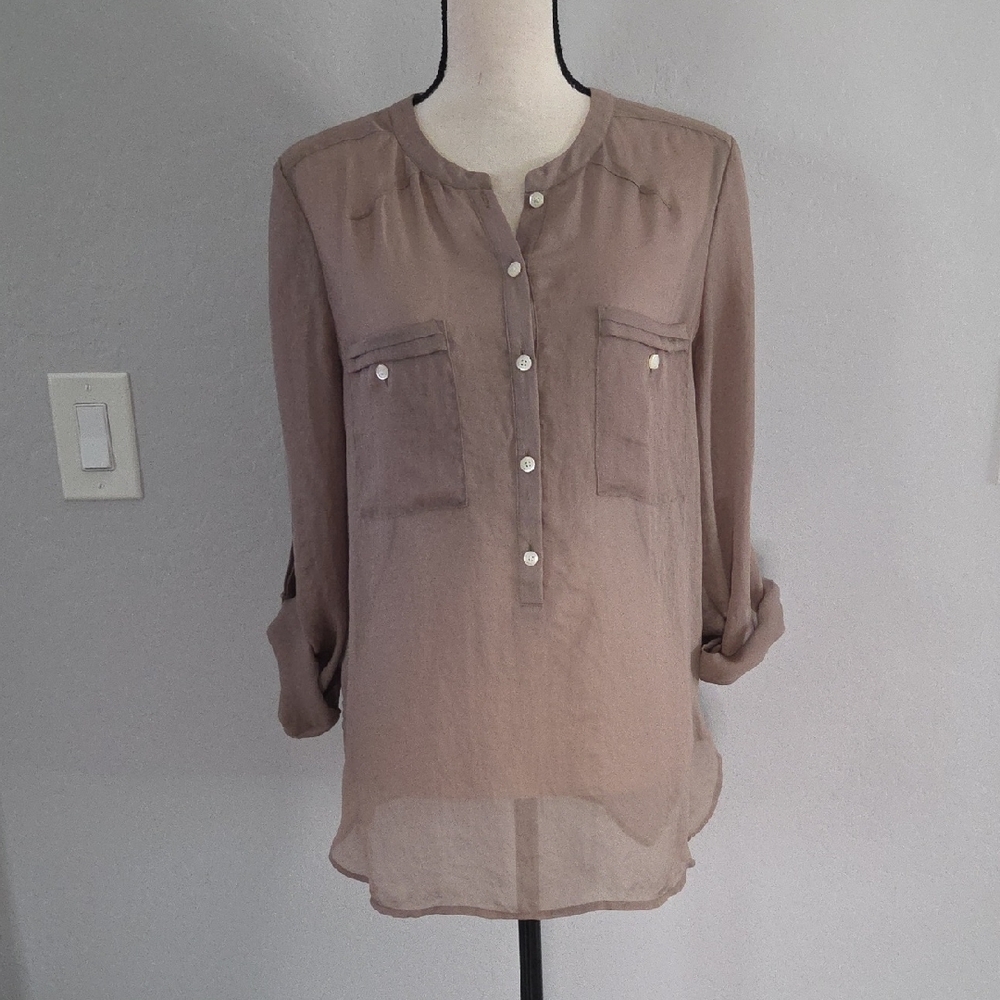 LOFT Women's Sheer Button-Up Long Sleeve Sheer Blouse - Brown Size M